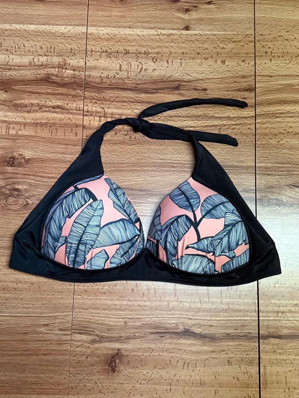 Women’s Bikini Top in Black & Coral Leaf Print Bulge Control Top - Black Trim
